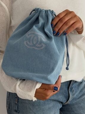 CHANEL Light Blue Denim Drawstring Pouch